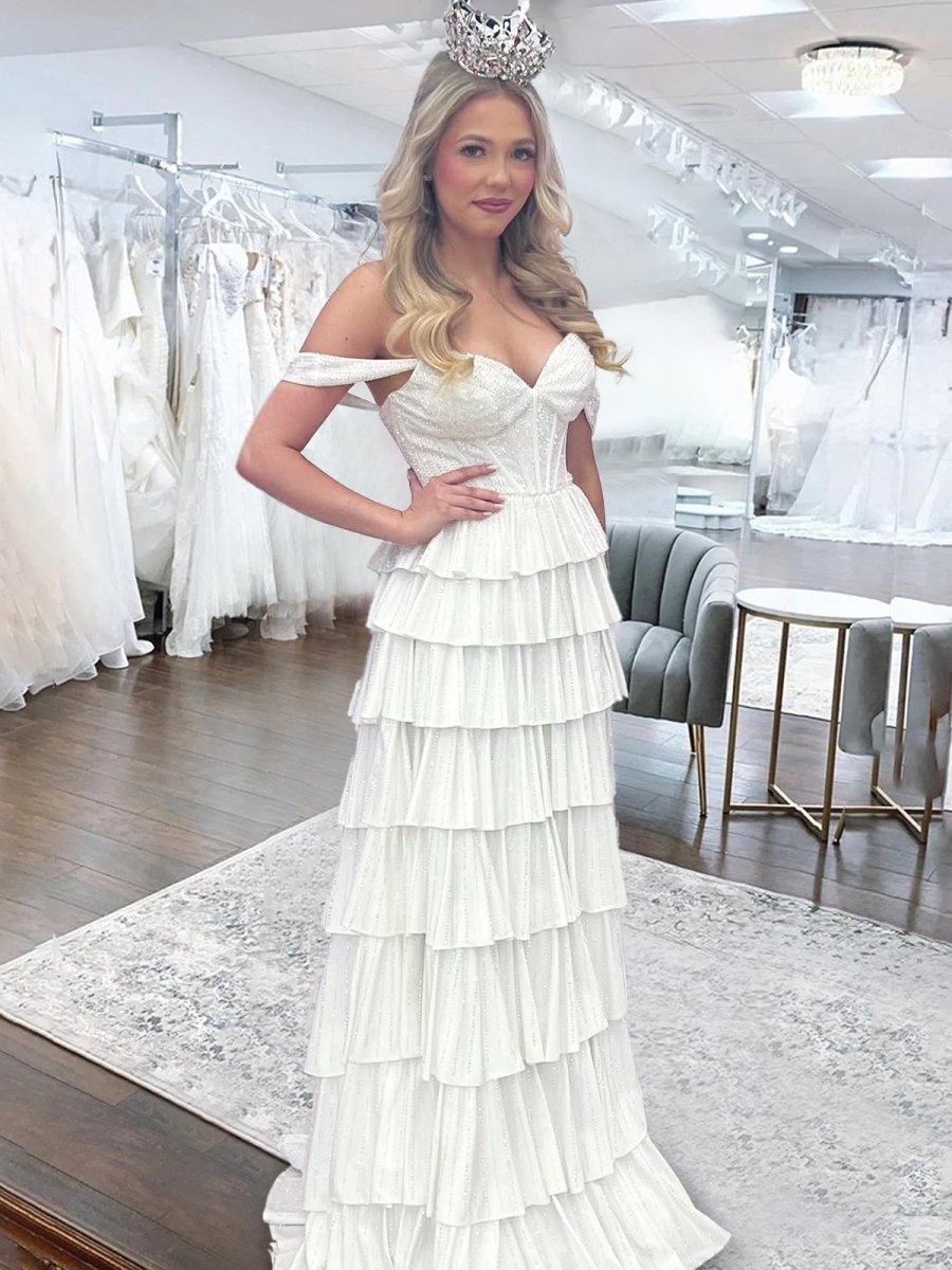 A Line Off-the-Shoulder Satin Tiered Long Prom Dresses With Beads Evening Dresses, product image 10
