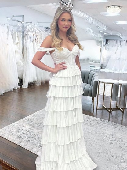 A Line Off-the-Shoulder Satin Tiered Long Prom Dresses With Beads Evening Dresses