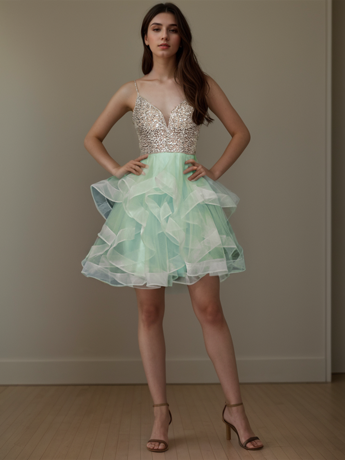 A-Line Glittering Homecoming Dresses Tiered Plisse Cocktail Party Dress
