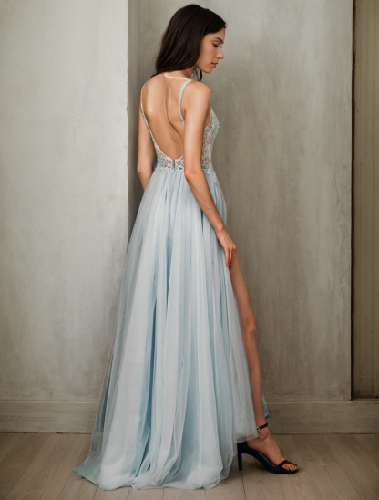 Dress A-line Sweep/Brush Train split Sequin Appliques Prom Evening Gown