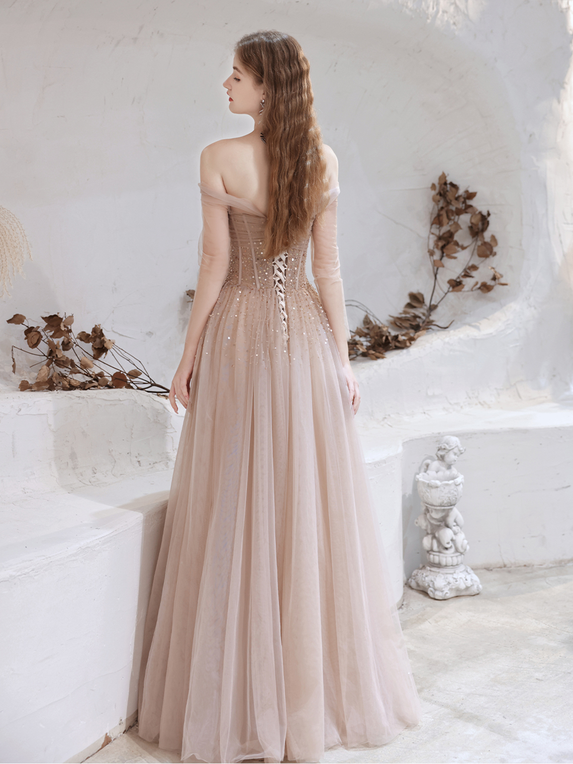 A-Line Glittering Evening Dress Prom Dress Off Shoulder Floor Length