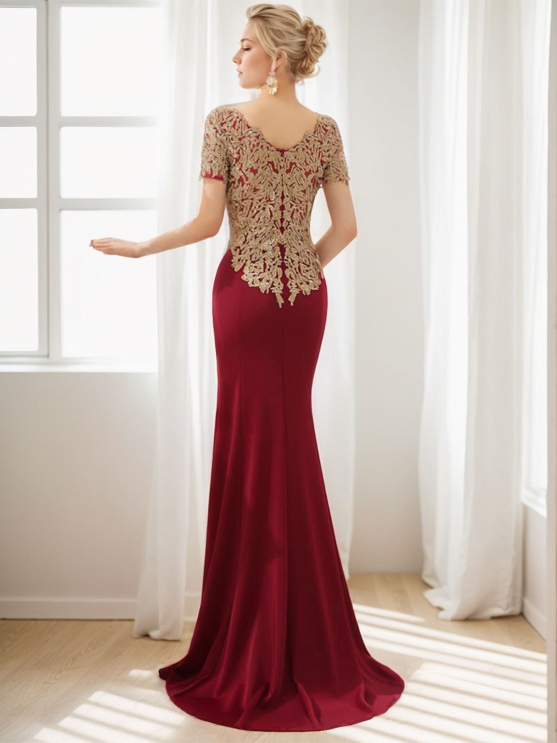 Mermaid/Trumpet Evening Dress Bateau Neck Short Sleeves Prom Dress