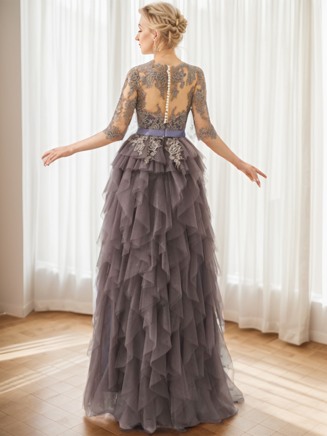 A-Line Vintage Evening Prom Dress Jewel Neck Half Sleeve Party Gowns