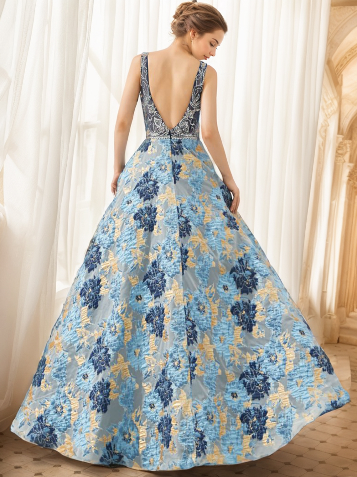 A-Line Evening Prom Dress V Neck Sleeveless Floor Length Party Gowns