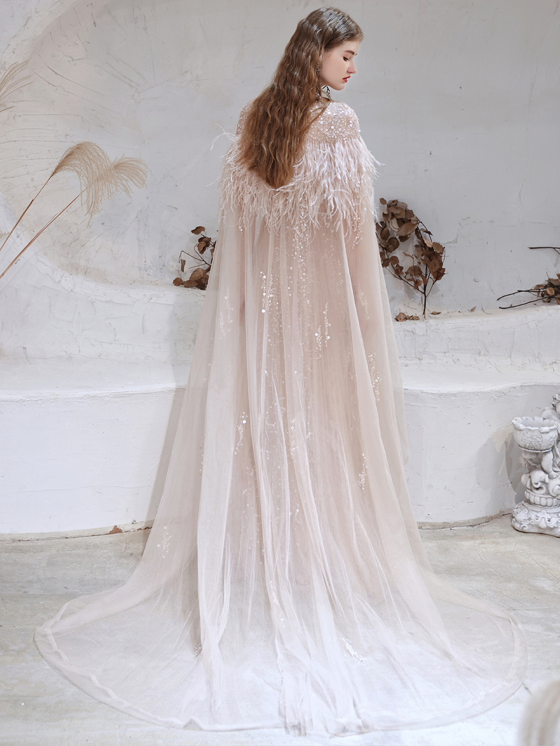 A-Line/Princess Glittering Evening Dress Prom Dress Sweep/Brush Train Feather Cape