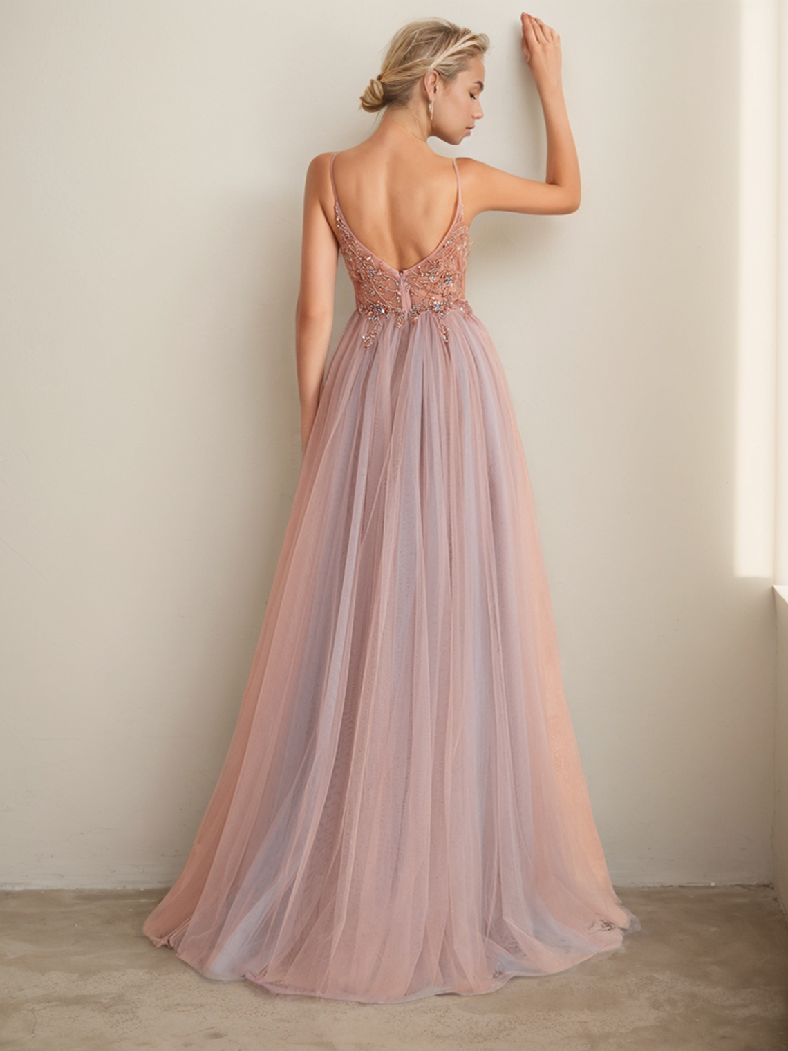 A-Line Evening Gown Formal Graduation Prom Dress V Neck Tulle Beading Slit