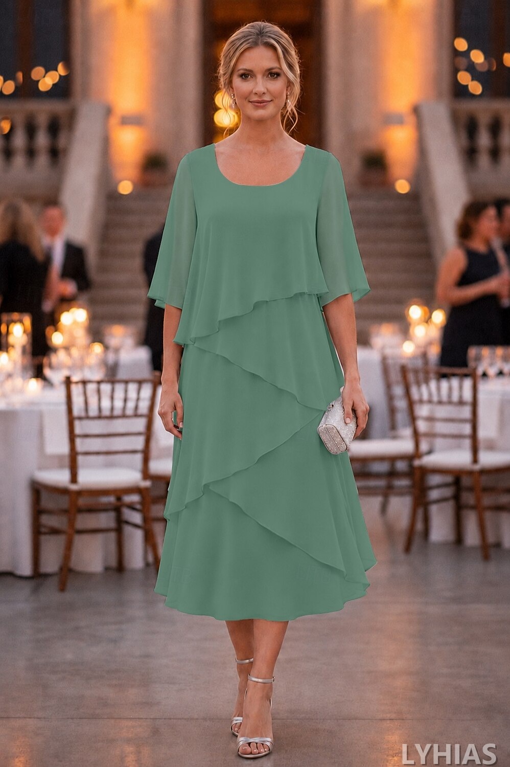 A-Line Mother of the Bride Dresses Ankle Length with Ruffles Half Sleeve Scoop Neck Chiffon Elegant