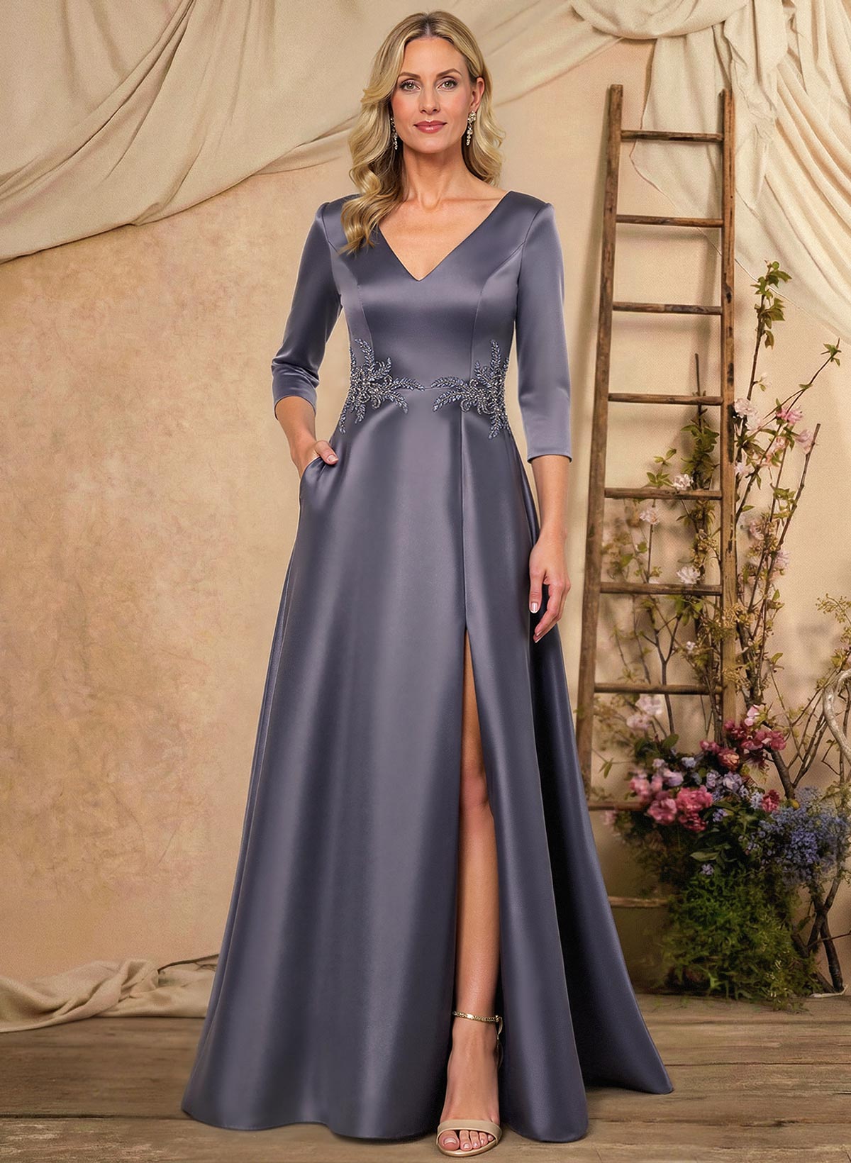 A-Line V-Neck 3/4 Sleeves Floor-Length Satin Mother Of The Bride Dresses With Rhinestone/High Split