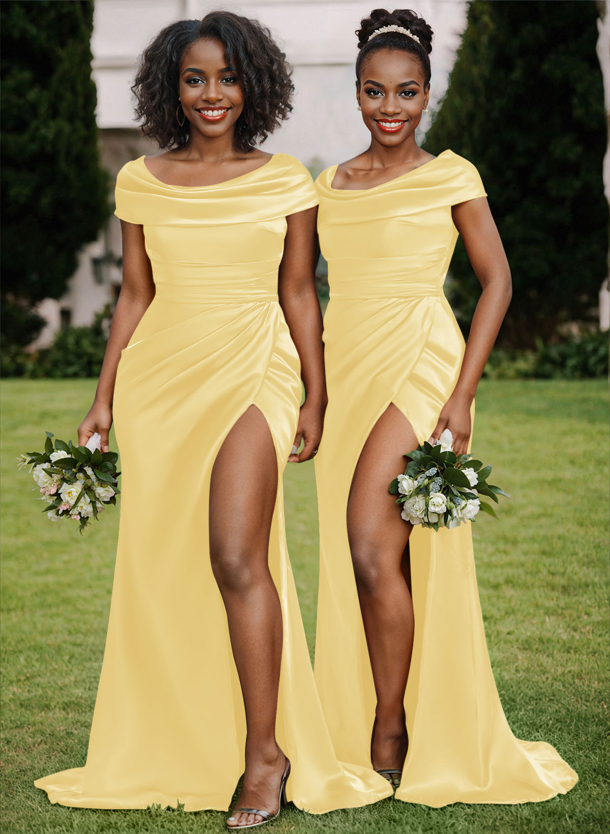 Trumpet/Mermaid Cowl Neck Sweep Train Charmeuse Bridesmaid Dresses With High Split