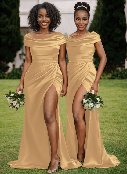 Trumpet/Mermaid Cowl Neck Sweep Train Charmeuse Bridesmaid Dresses With High Split