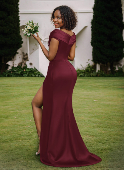 Trumpet/Mermaid Cowl Neck Sweep Train Charmeuse Bridesmaid Dresses With High Split