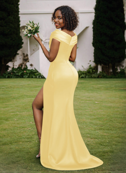 Trumpet/Mermaid Cowl Neck Sweep Train Charmeuse Bridesmaid Dresses With High Split
