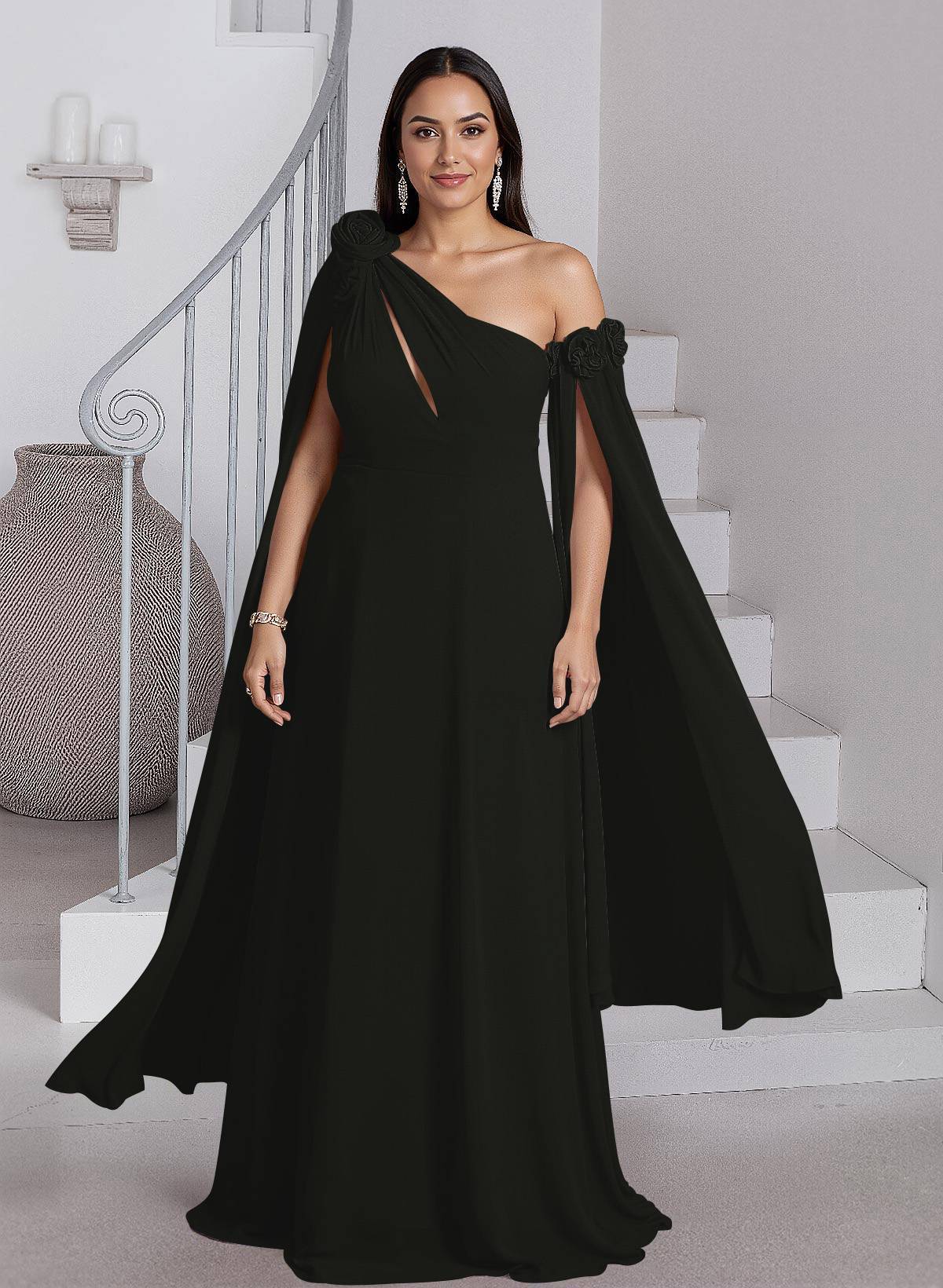 Dreamy A-Line Flower(s) One-Shoulder Cape Sleeves Chiffon Mother Of The Bride Dresses, product image 3