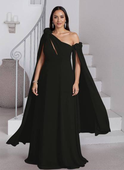Dreamy A-Line Flower(s) One-Shoulder Cape Sleeves Chiffon Mother Of The Bride Dresses, product image 3