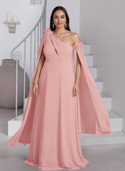 Dreamy A-Line Flower(s) One-Shoulder Cape Sleeves Chiffon Mother Of The Bride Dresses, product image 21