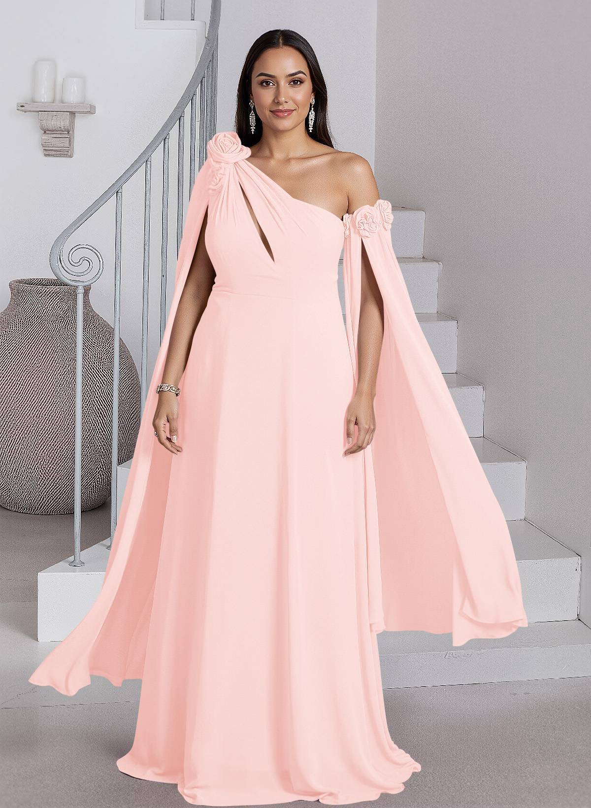 Dreamy A-Line Flower(s) One-Shoulder Cape Sleeves Chiffon Mother Of The Bride Dresses, product image 24