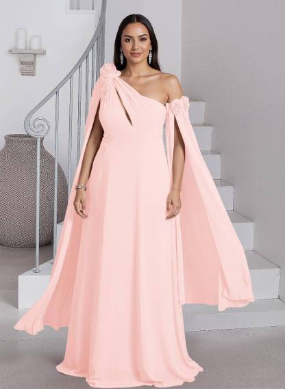 Dreamy A-Line Flower(s) One-Shoulder Cape Sleeves Chiffon Mother Of The Bride Dresses, product image 24
