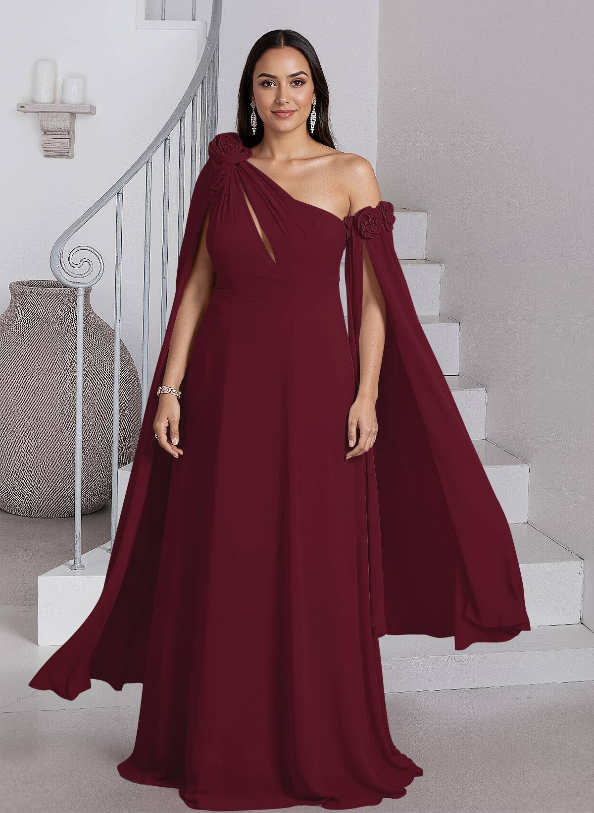 Dreamy A-Line Flower(s) One-Shoulder Cape Sleeves Chiffon Mother Of The Bride Dresses, product image 27