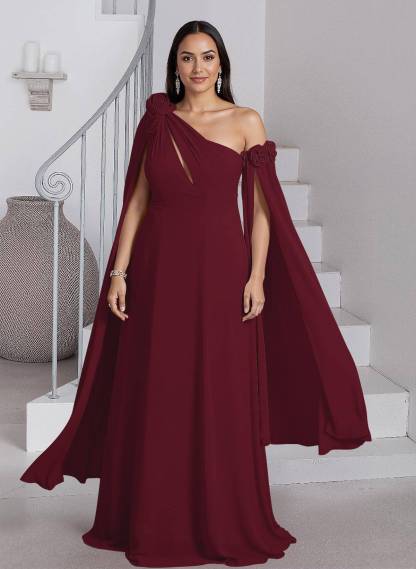 Dreamy A-Line Flower(s) One-Shoulder Cape Sleeves Chiffon Mother Of The Bride Dresses, product image 27