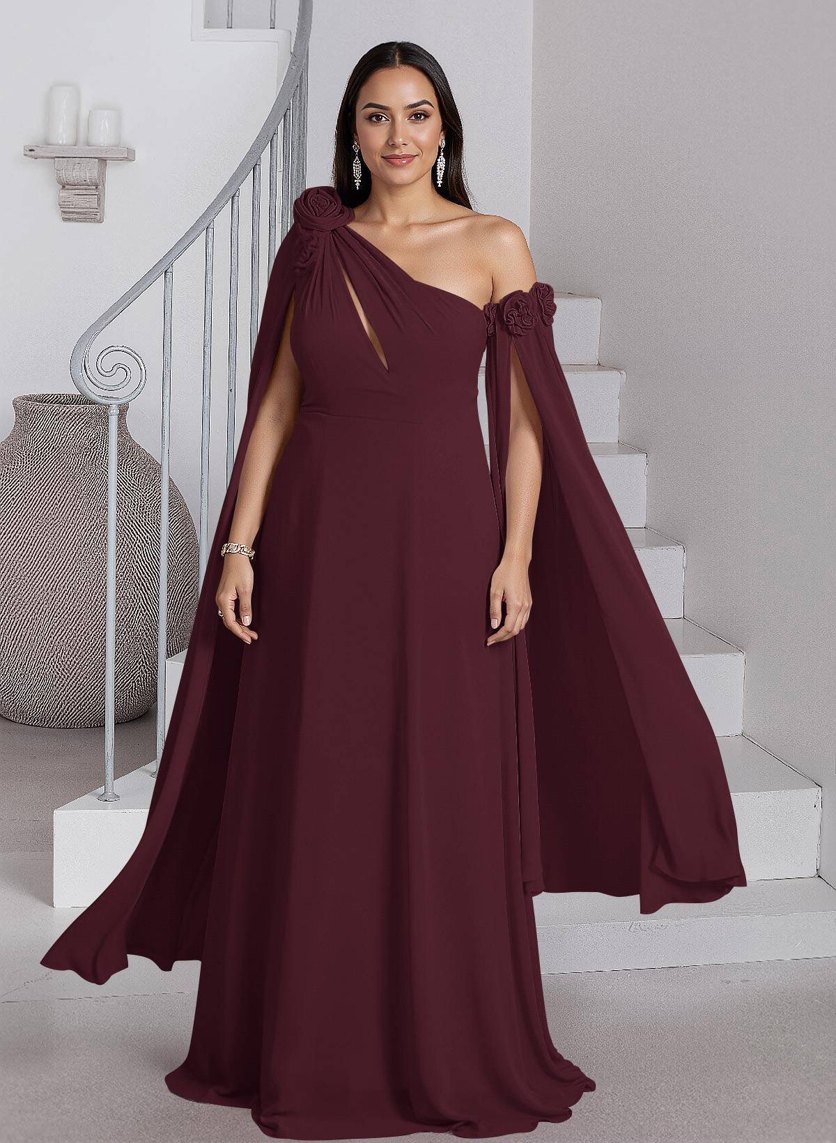 Dreamy A-Line Flower(s) One-Shoulder Cape Sleeves Chiffon Mother Of The Bride Dresses, product image 28
