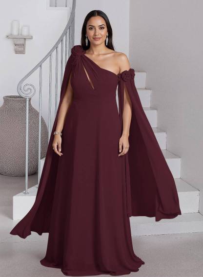 Dreamy A-Line Flower(s) One-Shoulder Cape Sleeves Chiffon Mother Of The Bride Dresses, product image 28