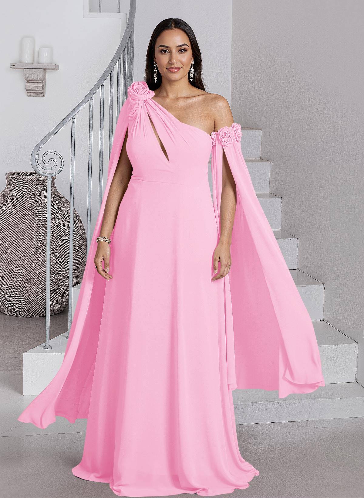 Dreamy A-Line Flower(s) One-Shoulder Cape Sleeves Chiffon Mother Of The Bride Dresses, product image 25