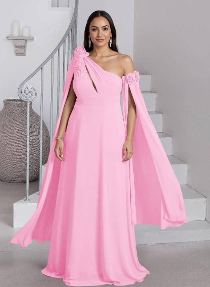 Dreamy A-Line Flower(s) One-Shoulder Cape Sleeves Chiffon Mother Of The Bride Dresses, product image 25