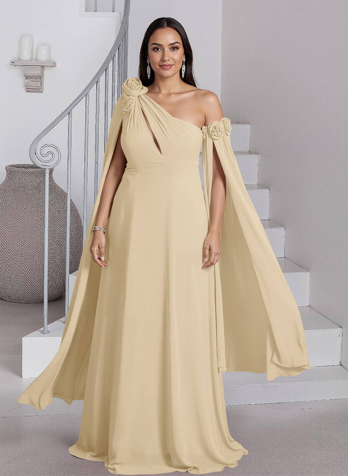 Dreamy A-Line Flower(s) One-Shoulder Cape Sleeves Chiffon Mother Of The Bride Dresses, product image 4