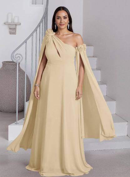 Dreamy A-Line Flower(s) One-Shoulder Cape Sleeves Chiffon Mother Of The Bride Dresses, product image 4