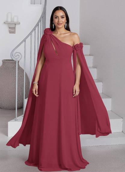 Dreamy A-Line Flower(s) One-Shoulder Cape Sleeves Chiffon Mother Of The Bride Dresses, product image 29