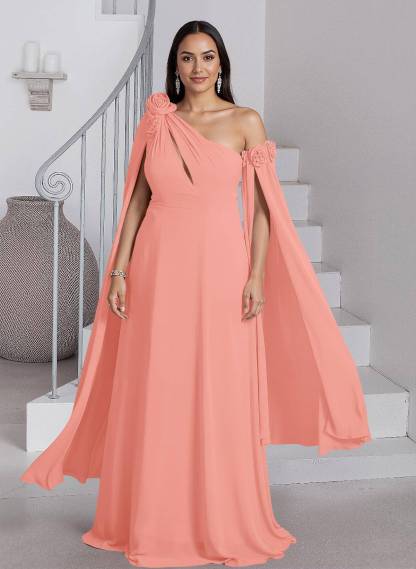 Dreamy A-Line Flower(s) One-Shoulder Cape Sleeves Chiffon Mother Of The Bride Dresses, product image 23