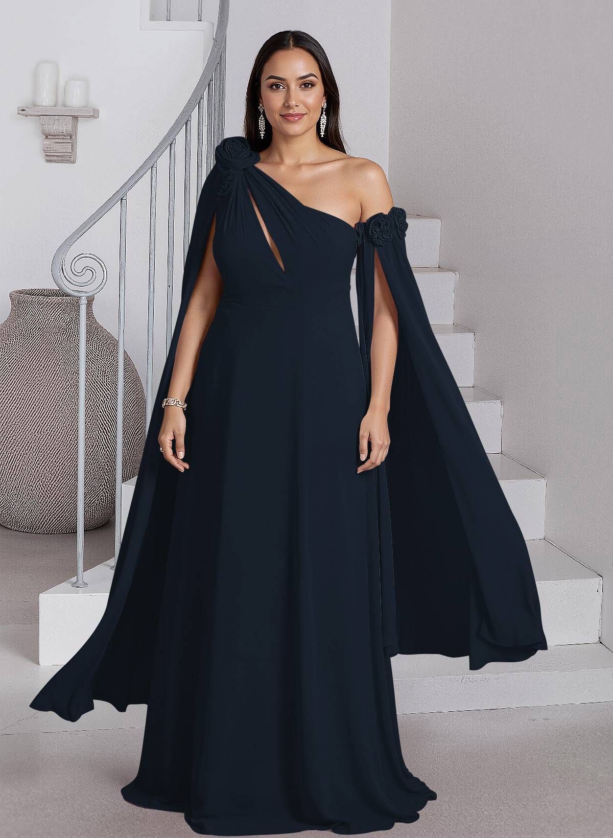 Dreamy A-Line Flower(s) One-Shoulder Cape Sleeves Chiffon Mother Of The Bride Dresses, product image 5
