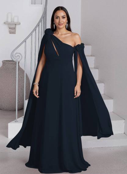 Dreamy A-Line Flower(s) One-Shoulder Cape Sleeves Chiffon Mother Of The Bride Dresses, product image 5
