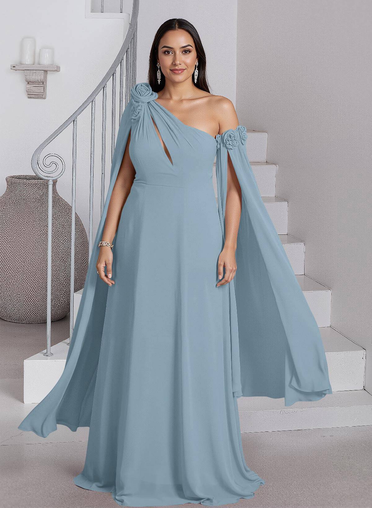 Dreamy A-Line Flower(s) One-Shoulder Cape Sleeves Chiffon Mother Of The Bride Dresses, product image 10
