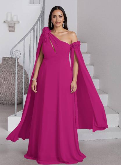 Dreamy A-Line Flower(s) One-Shoulder Cape Sleeves Chiffon Mother Of The Bride Dresses, product image 17
