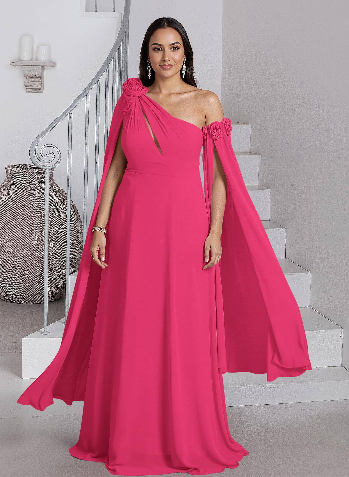 Dreamy A-Line Flower(s) One-Shoulder Cape Sleeves Chiffon Mother Of The Bride Dresses, product image 18