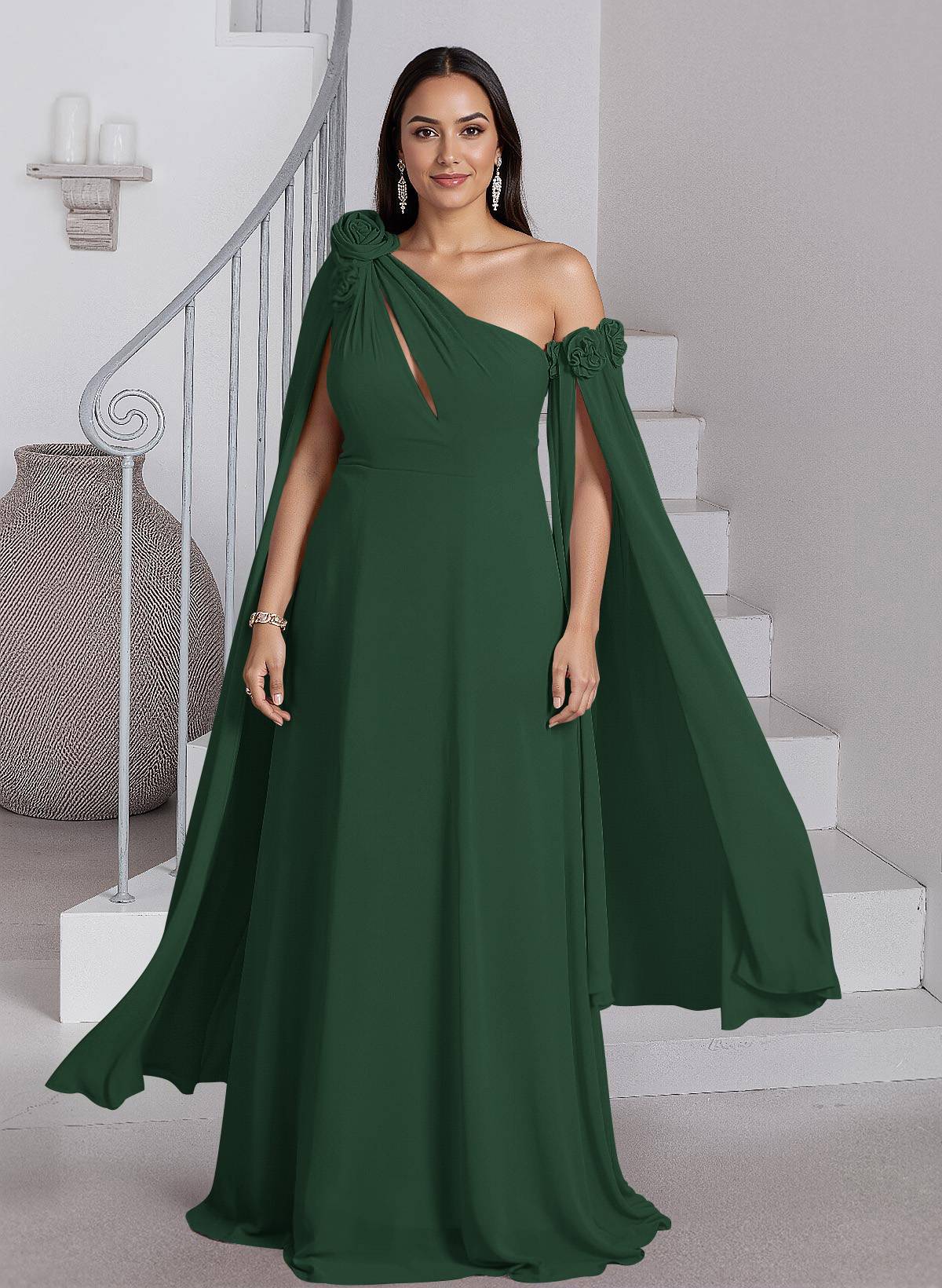 Dreamy A-Line Flower(s) One-Shoulder Cape Sleeves Chiffon Mother Of The Bride Dresses, product image 33