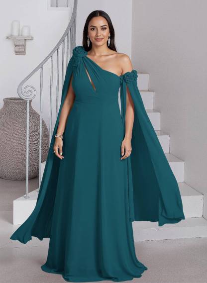 Dreamy A-Line Flower(s) One-Shoulder Cape Sleeves Chiffon Mother Of The Bride Dresses, product image 12