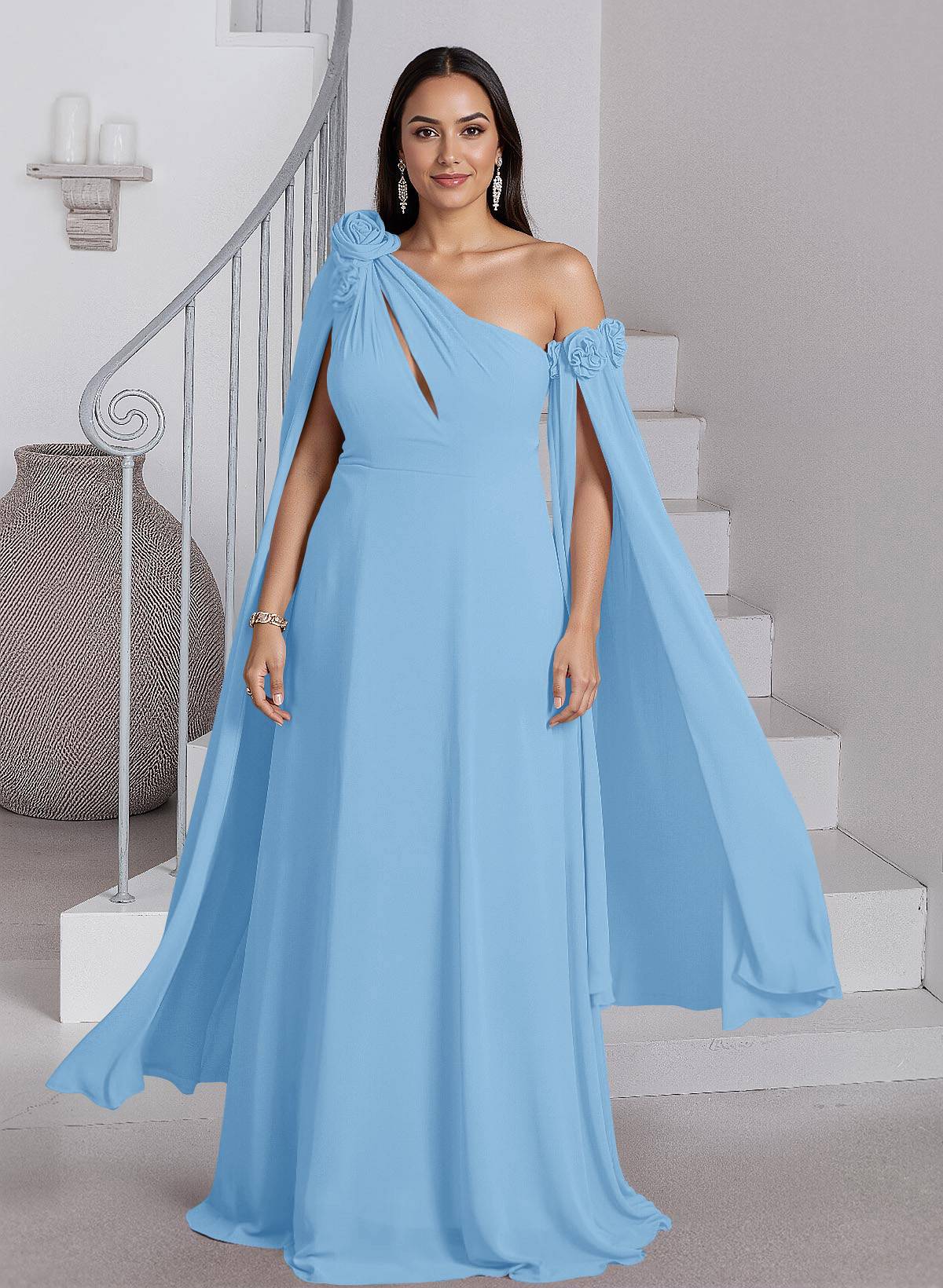Dreamy A-Line Flower(s) One-Shoulder Cape Sleeves Chiffon Mother Of The Bride Dresses, product image 15