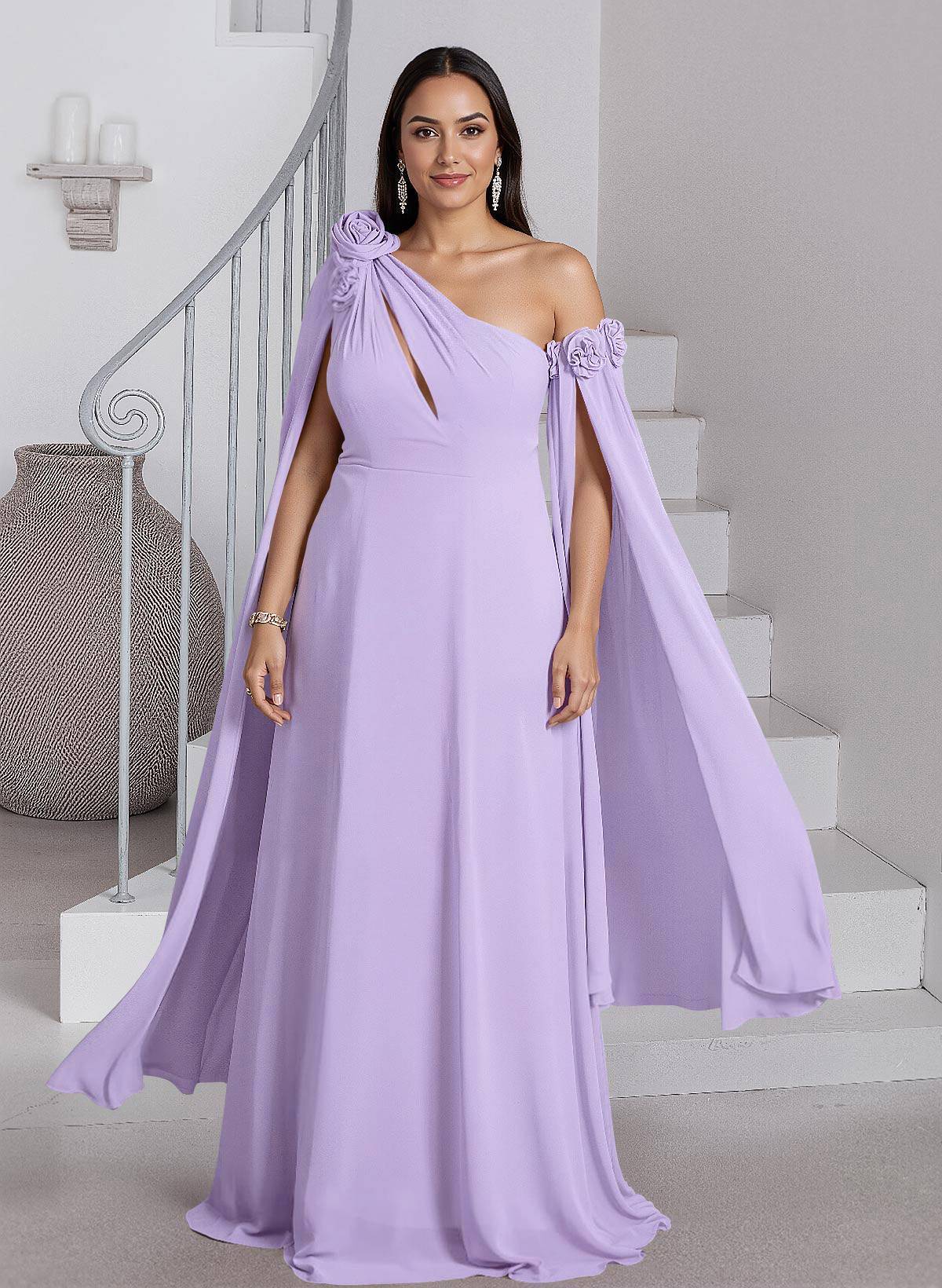 Dreamy A-Line Flower(s) One-Shoulder Cape Sleeves Chiffon Mother Of The Bride Dresses in Lilac, US2