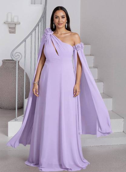 Dreamy A-Line Flower(s) One-Shoulder Cape Sleeves Chiffon Mother Of The Bride Dresses in Lilac, US2
