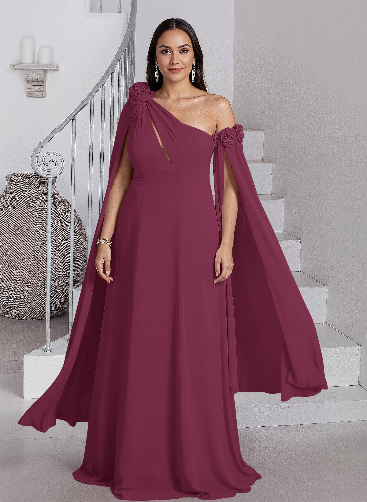 Dreamy A-Line Flower(s) One-Shoulder Cape Sleeves Chiffon Mother Of The Bride Dresses, product image 30