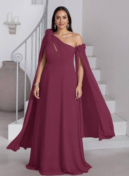 Dreamy A-Line Flower(s) One-Shoulder Cape Sleeves Chiffon Mother Of The Bride Dresses, product image 30