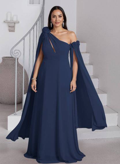 Dreamy A-Line Flower(s) One-Shoulder Cape Sleeves Chiffon Mother Of The Bride Dresses, product image 6