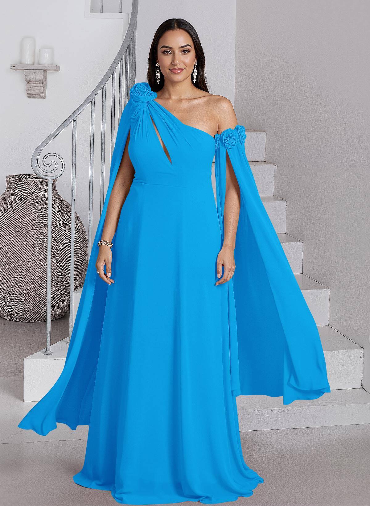 Dreamy A-Line Flower(s) One-Shoulder Cape Sleeves Chiffon Mother Of The Bride Dresses, product image 14