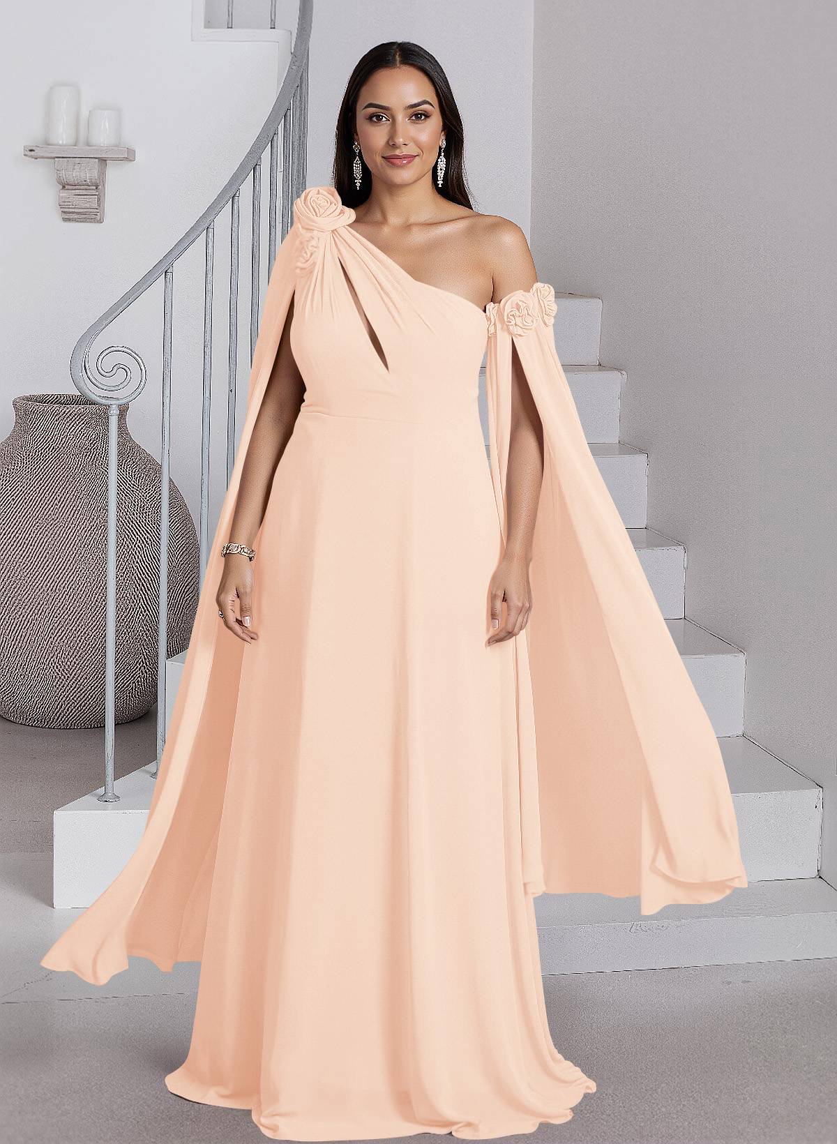 Dreamy A-Line Flower(s) One-Shoulder Cape Sleeves Chiffon Mother Of The Bride Dresses, product image 20