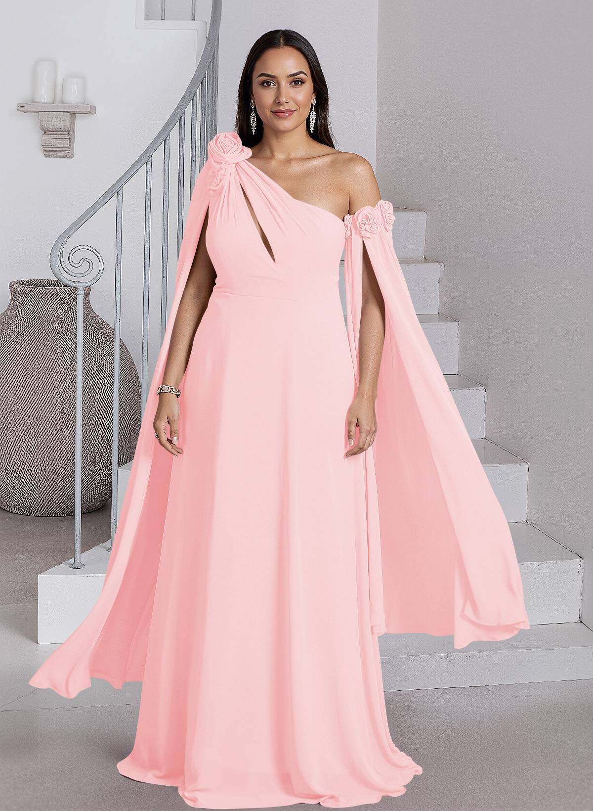Dreamy A-Line Flower(s) One-Shoulder Cape Sleeves Chiffon Mother Of The Bride Dresses, product image 22