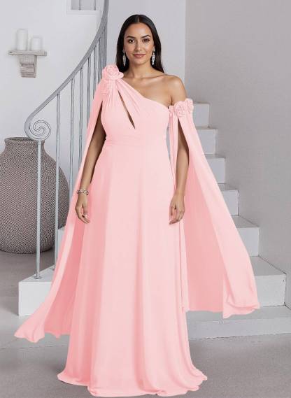 Dreamy A-Line Flower(s) One-Shoulder Cape Sleeves Chiffon Mother Of The Bride Dresses, product image 22
