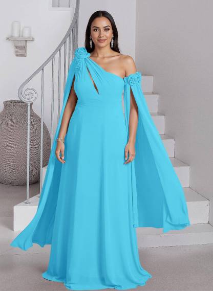 Dreamy A-Line Flower(s) One-Shoulder Cape Sleeves Chiffon Mother Of The Bride Dresses, product image 13