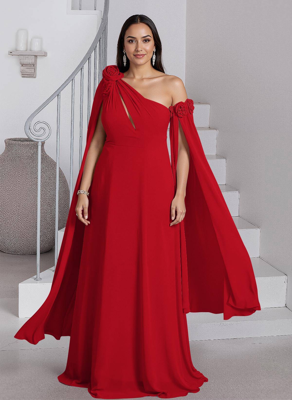 Dreamy A-Line Flower(s) One-Shoulder Cape Sleeves Chiffon Mother Of The Bride Dresses, product image 26